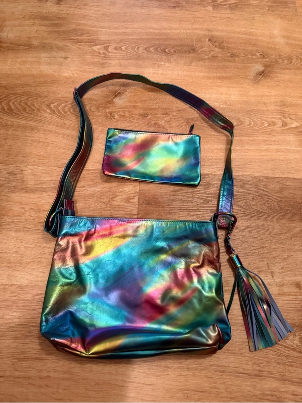 Iridescent Rainbow Crossbody Leather Bag with Tassel and pouch